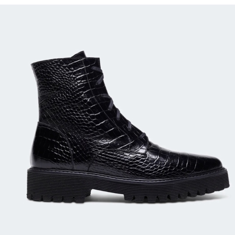 Freda Salvador Black Croc-Embossed Ankle Boots
